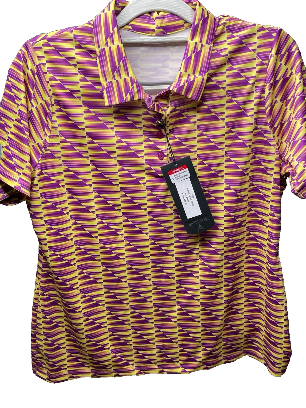 NWT Antigua Snapshot L Golf Polo Purple Yellow Retro Geometric Elks Club